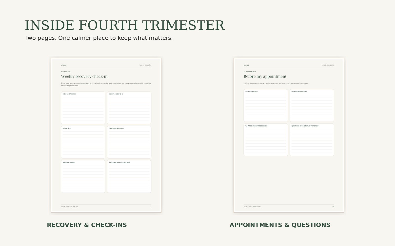 Fourth Trimester recovery check-in and appointment question pages