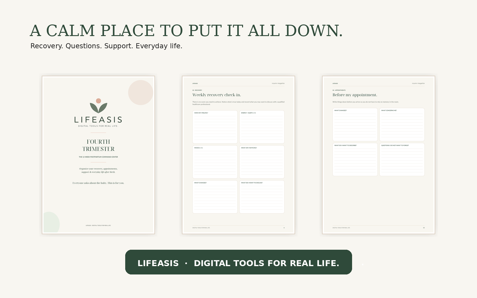 Fourth Trimester cover, recovery and appointment pages laid out together