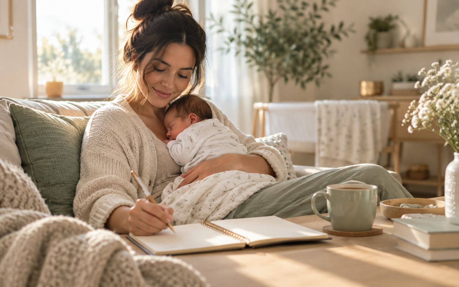 A new mother resting with her newborn at home while organizing her first weeks after birth, representing the practical and emotional transition of the fourth trimester.