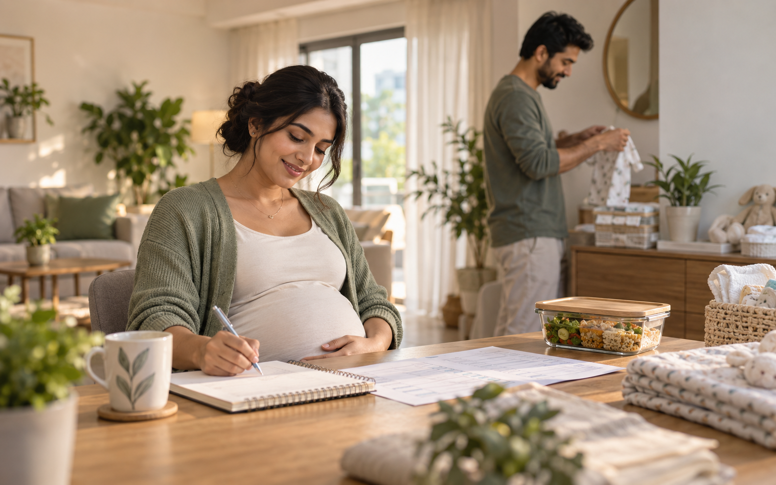A pregnant woman preparing a fourth trimester checklist at home with a partner organizing household essentials in the background.