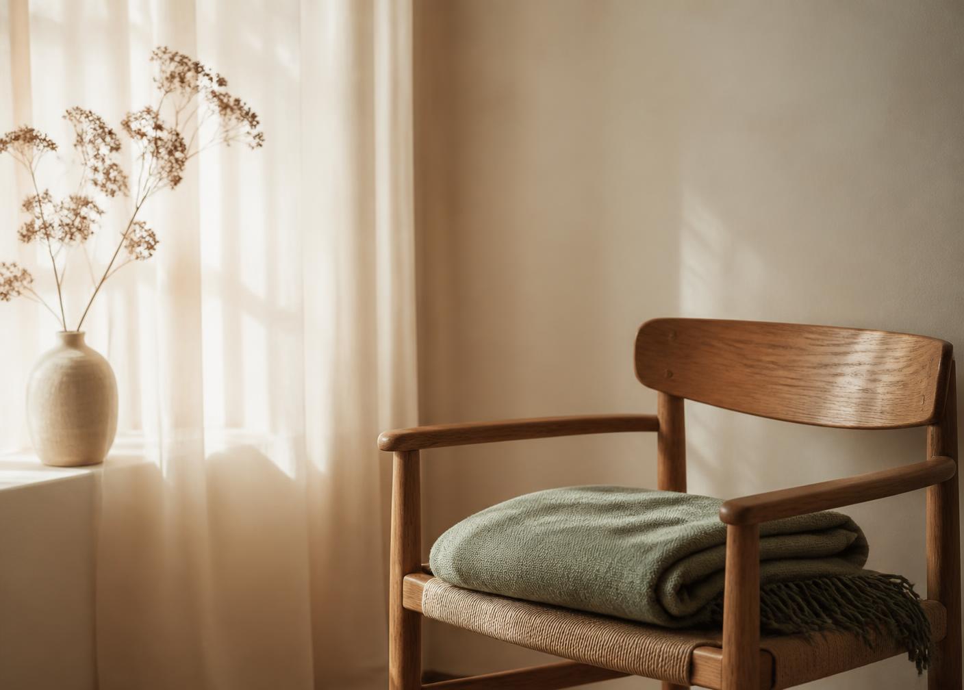 A quiet corner of a room with morning light and a folded sage blanket